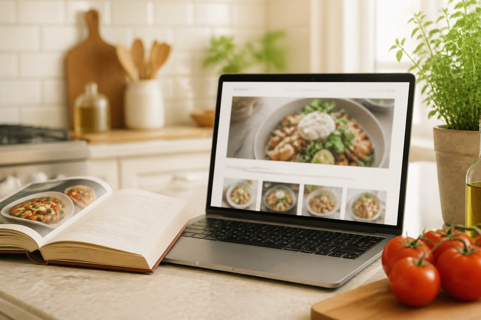 Laptop showing a recipe website beside a cookbook and fresh tomatoes