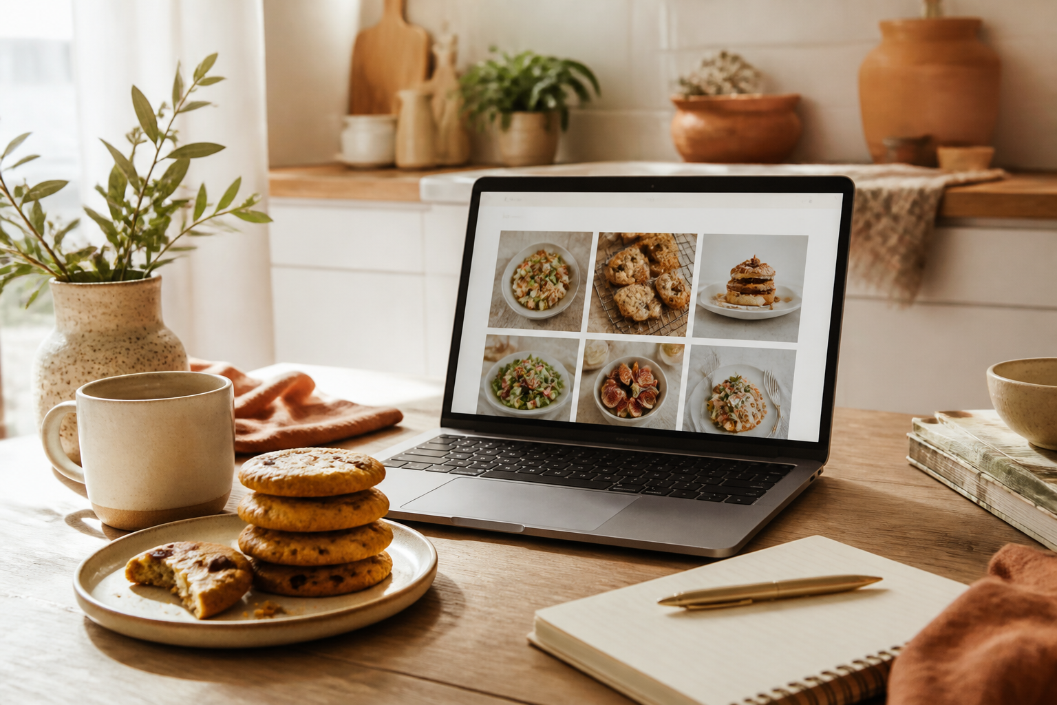 Laptop and homemade cookies on a kitchen table suggesting a home food blog business