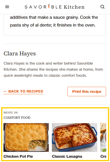 The bottom of a recipe showing a More in Comfort Food section with related recipes including Chicken Pot Pie and Classic Lasagna.